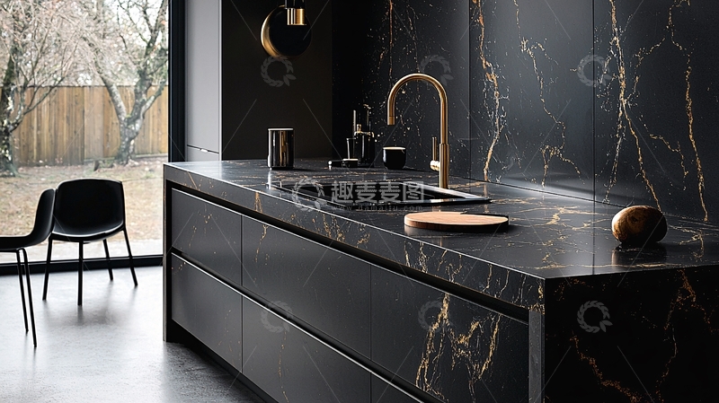 高清大图下载【趣麦麦图】黑色大理石厨房台面