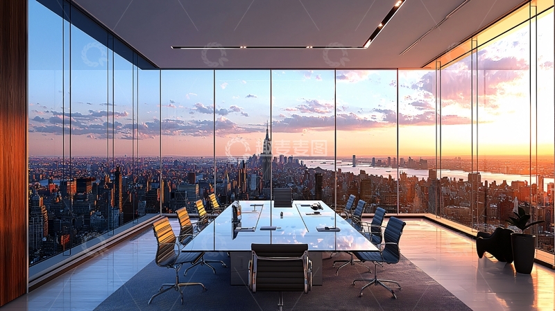 高清大图下载【趣麦麦图】高层建筑办公室日落景色
