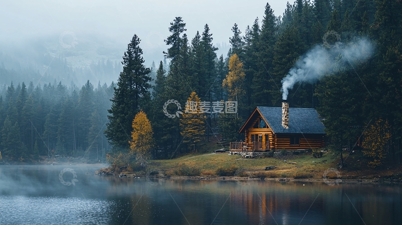 高清大图下载【趣麦麦图】雾气森林木屋
