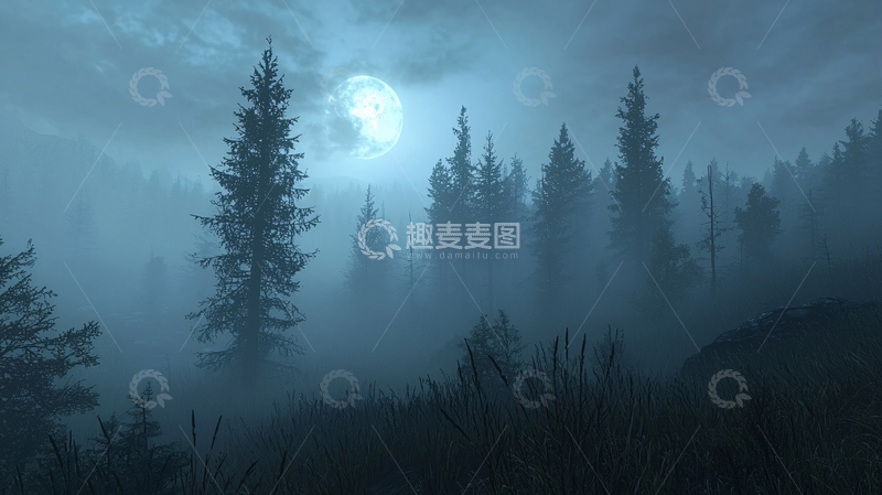 高清大图下载【趣麦麦图】月光下的雾林