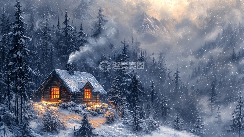 高清大图下载【趣麦麦图】雪中木屋