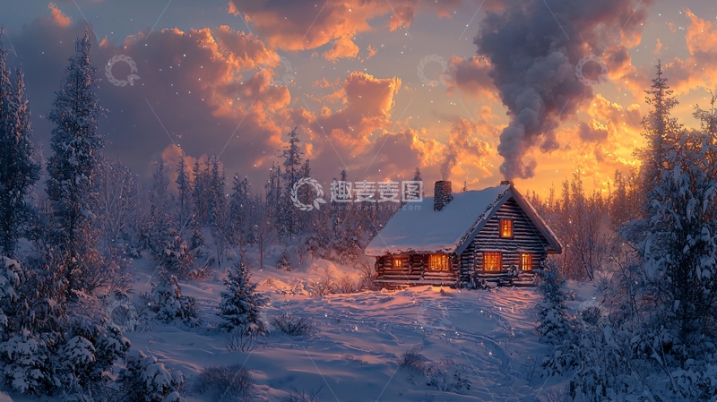 高清大图下载【趣麦麦图】雪山木屋日落