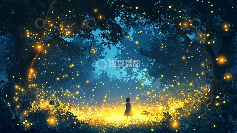 高清大图下载【趣麦麦图】萤火虫森林女孩
