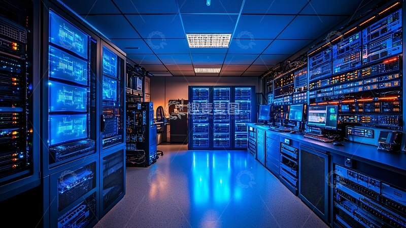高清大图下载【趣麦麦图】蓝色灯光下的服务器机房
