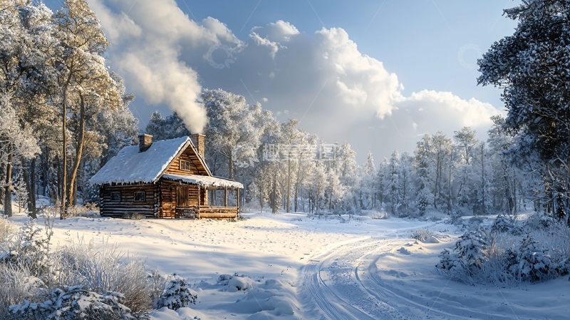 高清大图下载【趣麦麦图】冬日森林木屋