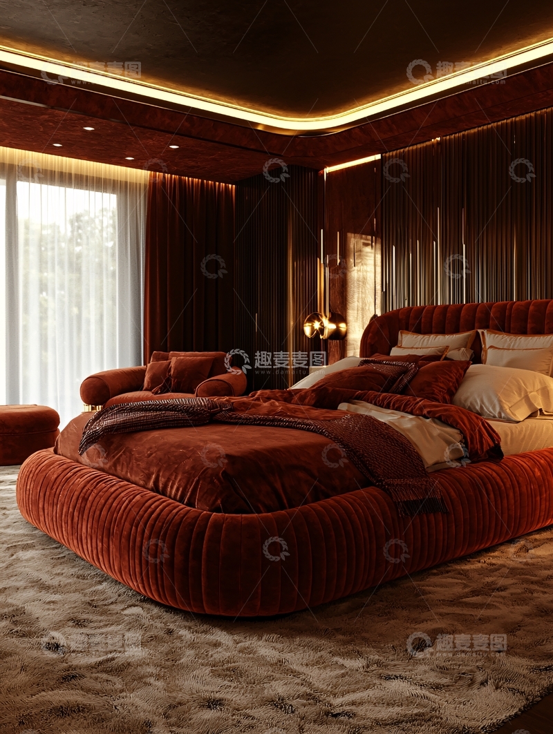 高清大图下载【趣麦麦图】暗红色绒面床卧室设计