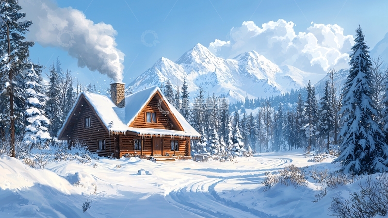 高清大图下载【趣麦麦图】雪山木屋风景图