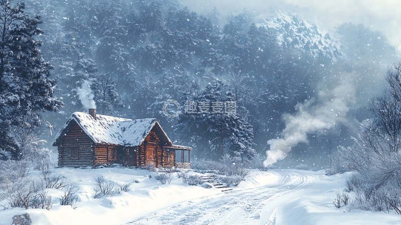 高清大图下载【趣麦麦图】雪山木屋