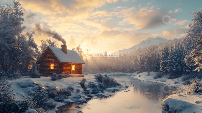 高清大图下载【趣麦麦图】雪山木屋日出