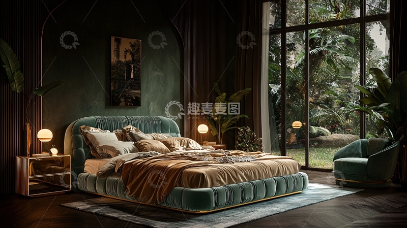 高清大图下载【趣麦麦图】暗绿绒布大床卧室设计