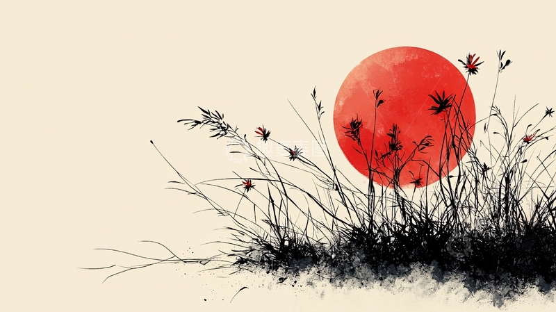 高清大图下载【趣麦麦图】水墨画日落