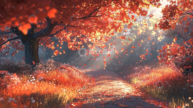 高清大图下载【趣麦麦图】秋日红叶森林小路