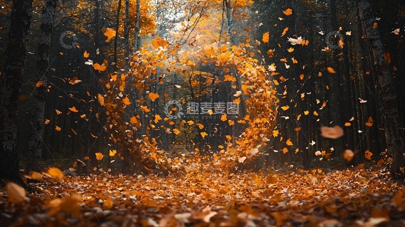 高清大图下载【趣麦麦图】秋叶环绕森林旋舞