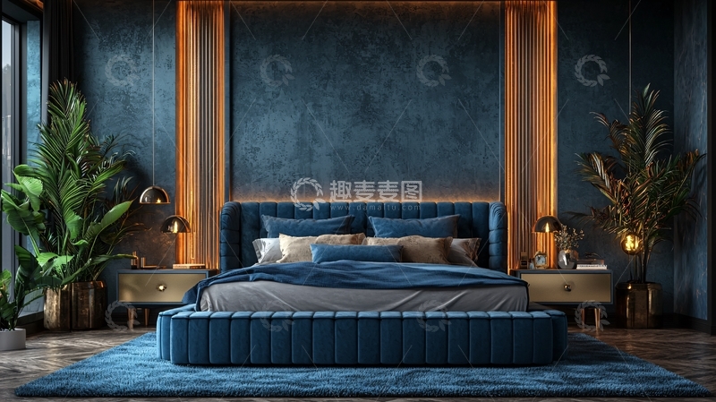 高清大图下载【趣麦麦图】深蓝色卧室高级感
