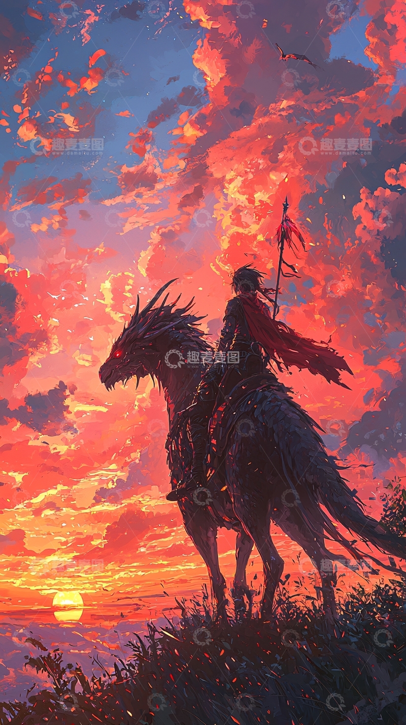高清大图下载【趣麦麦图】落日余晖下的骑士与龙