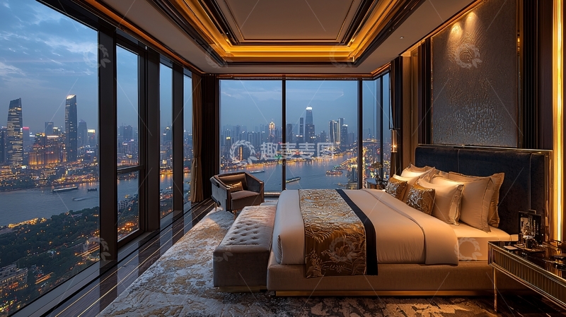 高清大图下载【趣麦麦图】极奢夜景落地窗卧室