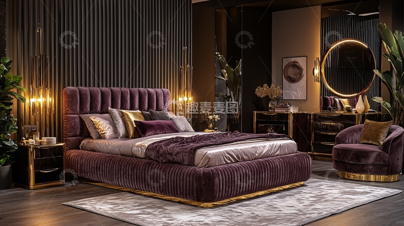 高清大图下载【趣麦麦图】暗紫色绒面床