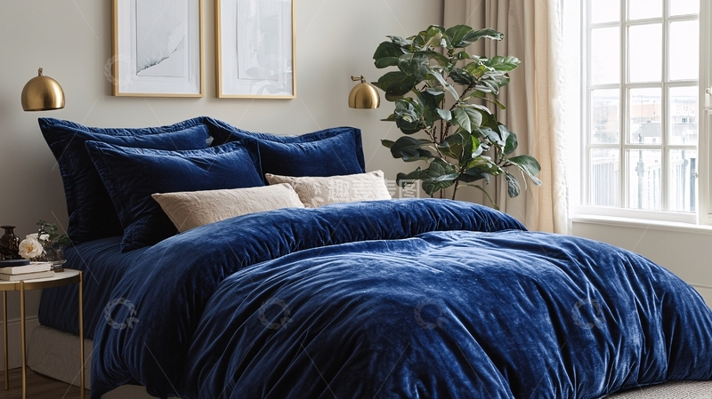 高清大图下载【趣麦麦图】深蓝色绒面床品