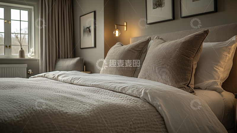 高清大图下载【趣麦麦图】极简灰色卧室床铺特写