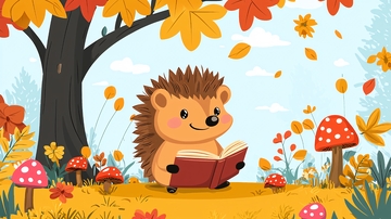 秋天树林里看书的小刺猬