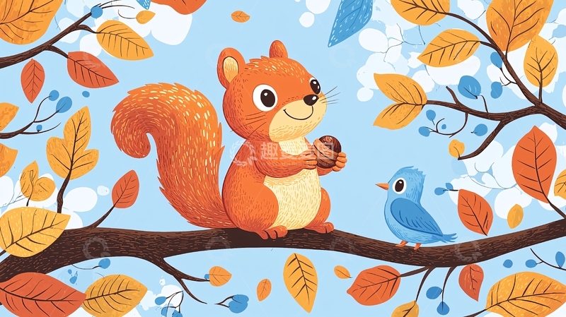 高清大图下载【趣麦麦图】小松鼠与小鸟秋日树枝