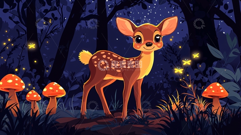 高清大图下载【趣麦麦图】夜间森林里的小鹿
