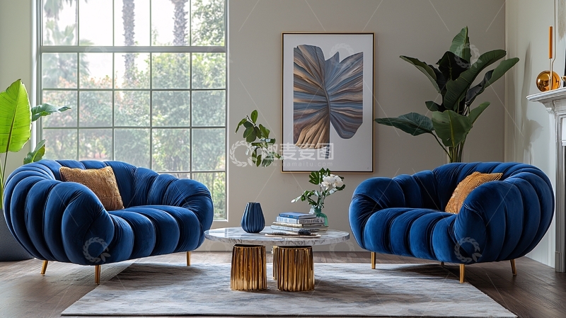 高清大图下载【趣麦麦图】蓝色丝绒贵妃椅