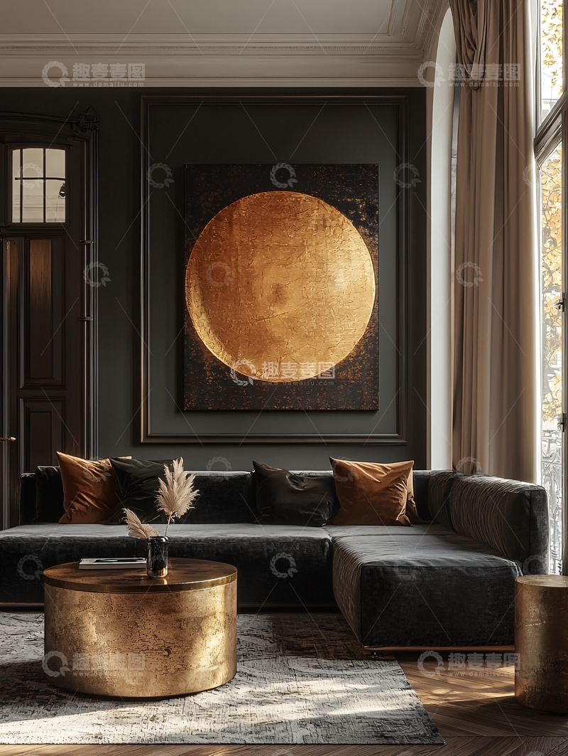 高清大图下载【趣麦麦图】暗金色月亮装饰画