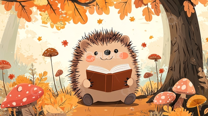 高清大图下载【趣麦麦图】秋天树林里看书的刺猬