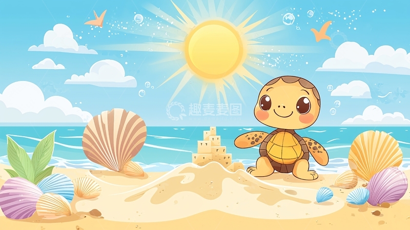 高清大图下载【趣麦麦图】卡通小海龟沙滩