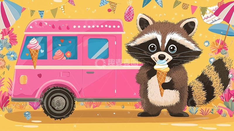 高清大图下载【趣麦麦图】卡通浣熊卖冰淇淋