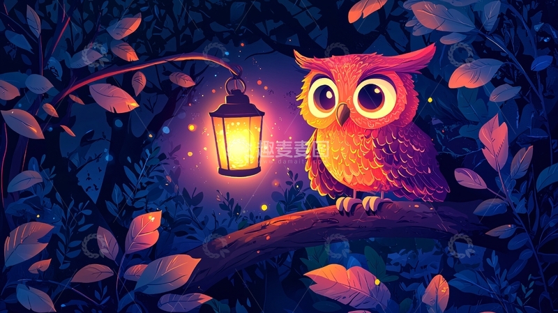 高清大图下载【趣麦麦图】夜色森林里的小猫头鹰