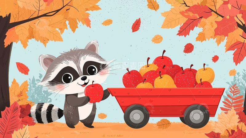 高清大图下载【趣麦麦图】可爱浣熊推苹果车