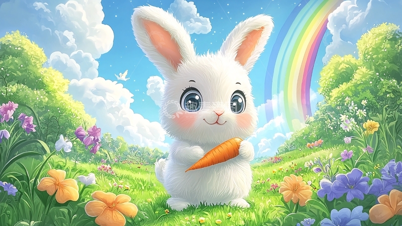 高清大图下载【趣麦麦图】可爱小白兔彩虹田园