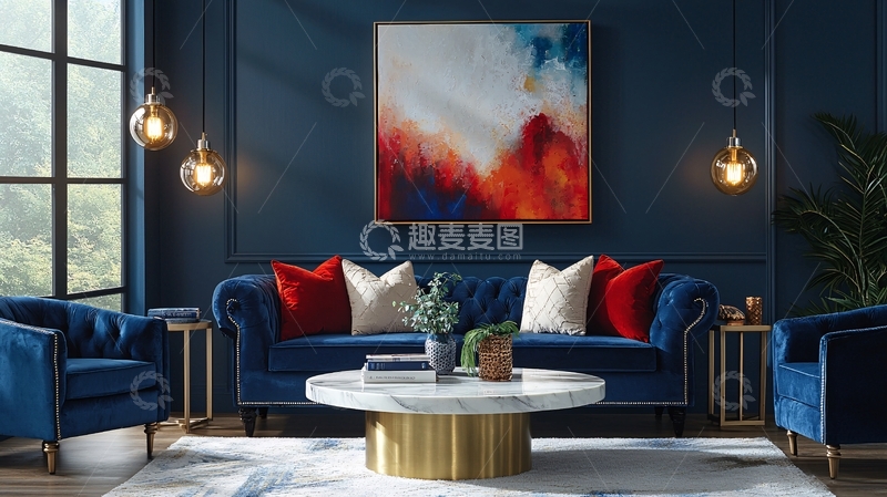 高清大图下载【趣麦麦图】深蓝色客厅装饰画