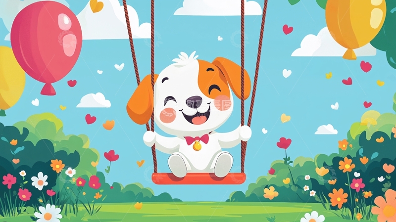 高清大图下载【趣麦麦图】卡通小狗荡秋千