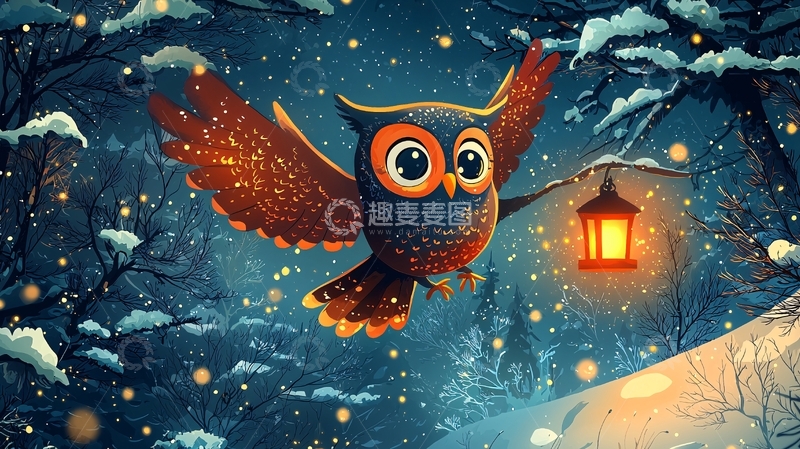 高清大图下载【趣麦麦图】飞翔的猫头鹰提着灯笼