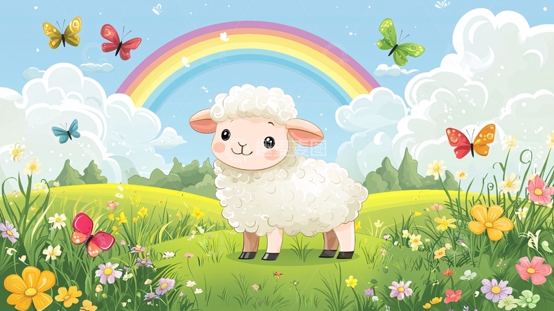 高清大图下载【趣麦麦图】彩虹下的小绵羊