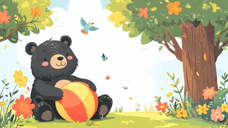 高清大图下载【趣麦麦图】小黑熊抱着彩色球在森林里玩耍