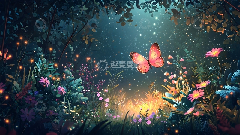 高清大图下载【趣麦麦图】魔幻森林萤火虫蝴蝶