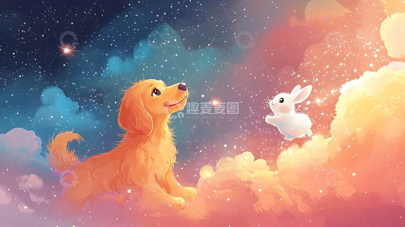 高清大图下载【趣麦麦图】金毛犬与小白兔星空云朵