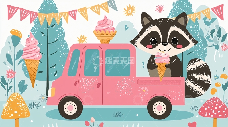 高清大图下载【趣麦麦图】可爱浣熊冰淇淋小货车