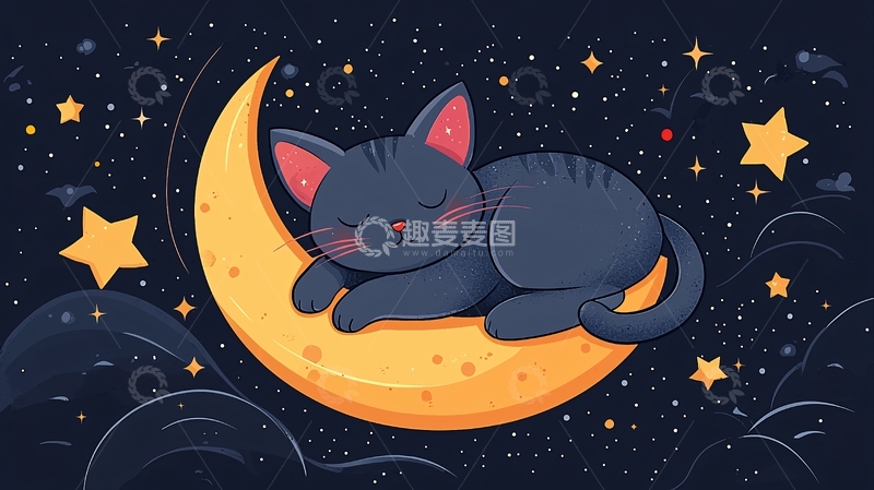 高清大图下载【趣麦麦图】猫咪睡月亮