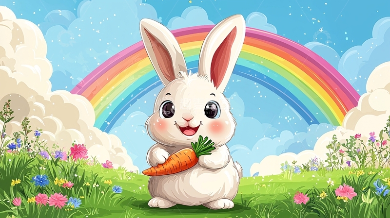 高清大图下载【趣麦麦图】彩虹背景下的小白兔