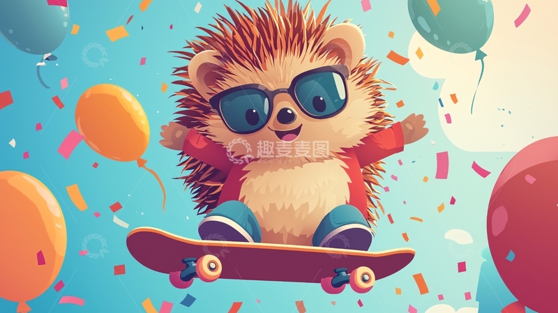 高清大图下载【趣麦麦图】戴墨镜滑板的可爱刺猬