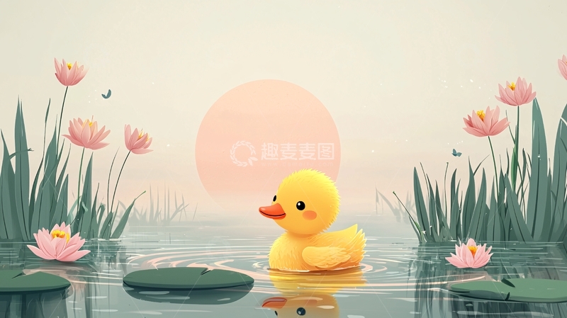 高清大图下载【趣麦麦图】小黄鸭水中日落风景
