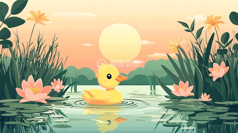 高清大图下载【趣麦麦图】小黄鸭夕阳湖面景色
