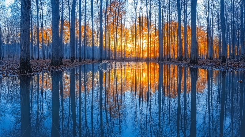 高清大图下载【趣麦麦图】落日余晖下的树林倒影