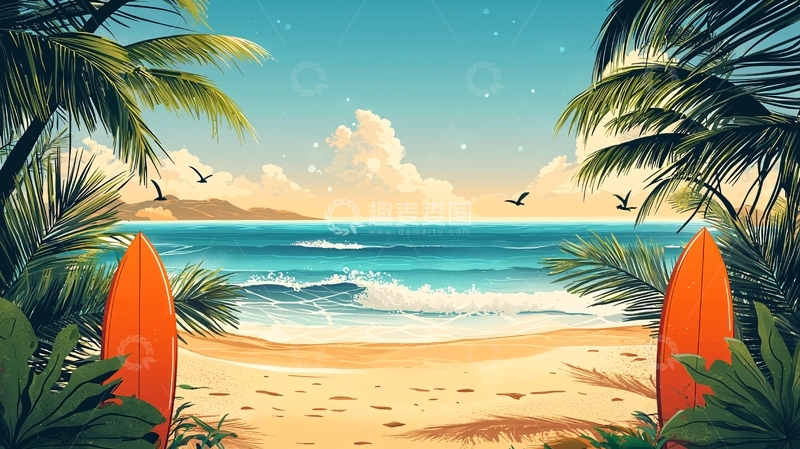 高清大图下载【趣麦麦图】热带海滩冲浪板风景