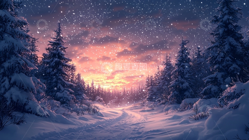 高清大图下载【趣麦麦图】雪夜森林小路